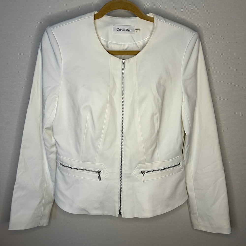 Calvin Klein White Full Zip Peplum Jacket Blazer Modern Chic Biker Women 8 AS IS